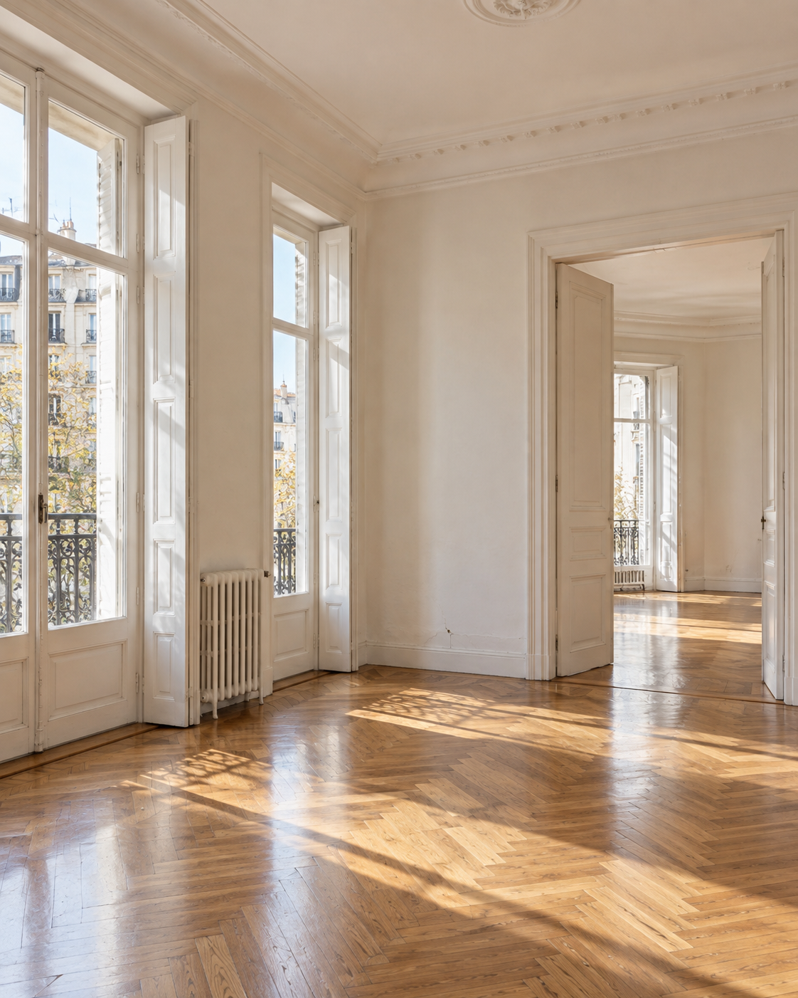 Interior luminoso de una vivienda, con suelo de madera y grandes ventanas